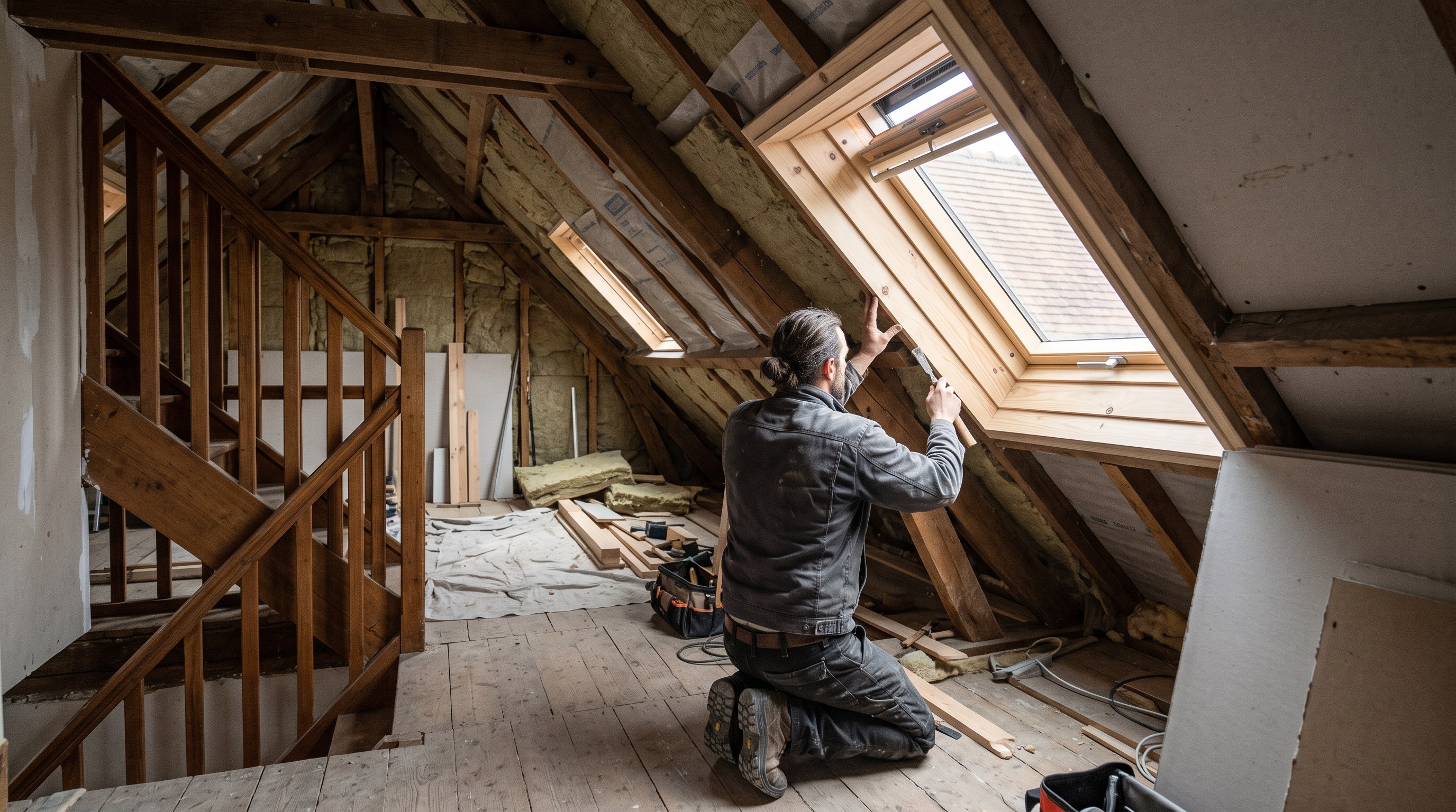 Vue strictement intérieure d'un comble aménagé à Troyes, cadre en bois d'une fenêtre de toit déjà posée dans la pente, un seul artisan de dos au premier plan, aucune vue sur la couverture extérieure ni sur les tuiles, lumière naturelle entrant dans le comble, aucun visage visible