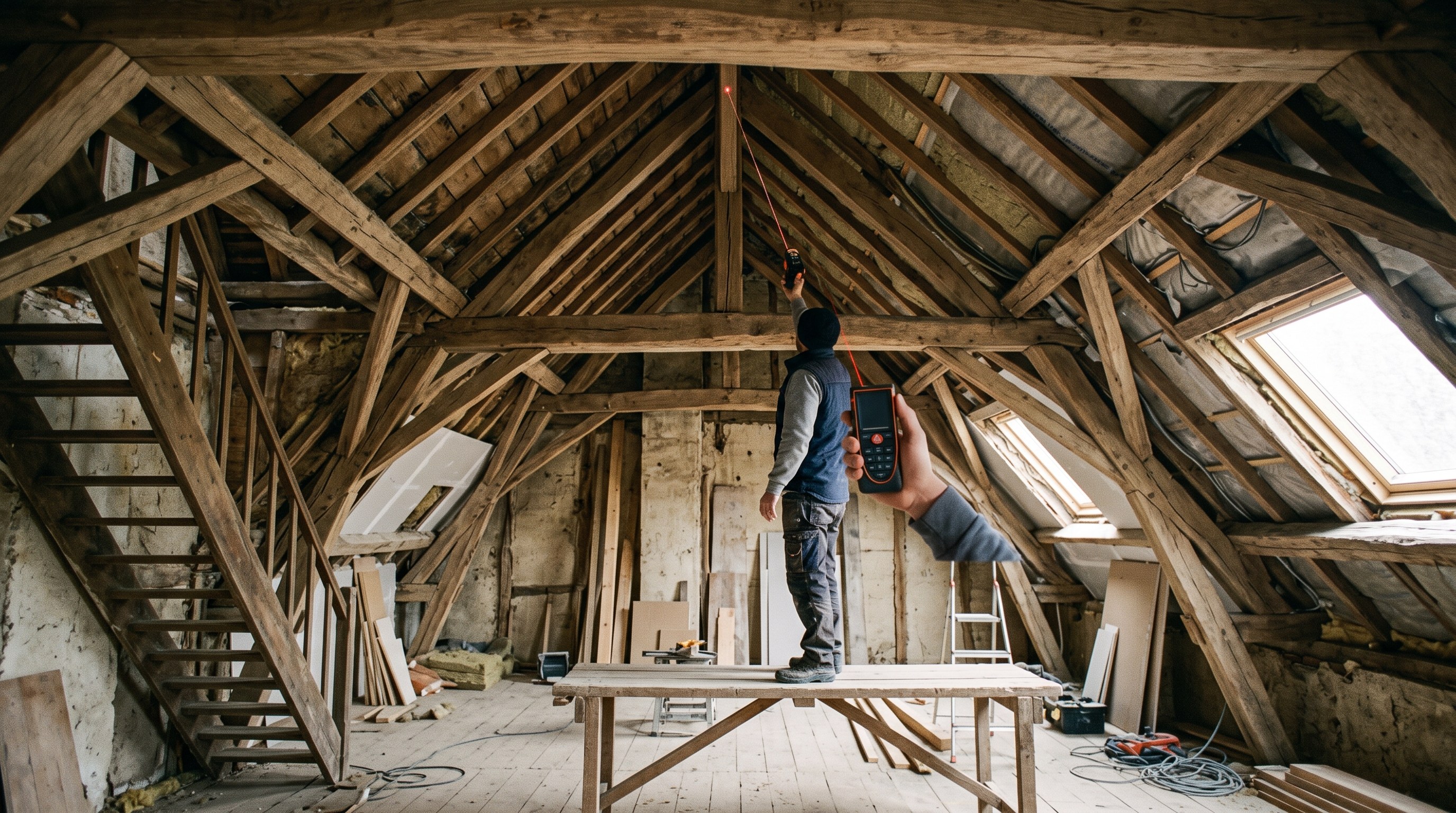 Grand volume sous charpente traditionnelle d'une maison ancienne en Champagne, poutres et arbalétriers en bois apparents, un professionnel mesurant la hauteur au faîtage avec un mètre laser, une seule main visible, lumière naturelle entrant par une ouverture, aucun visage identifiable, aucun texte lisible dans le cadre