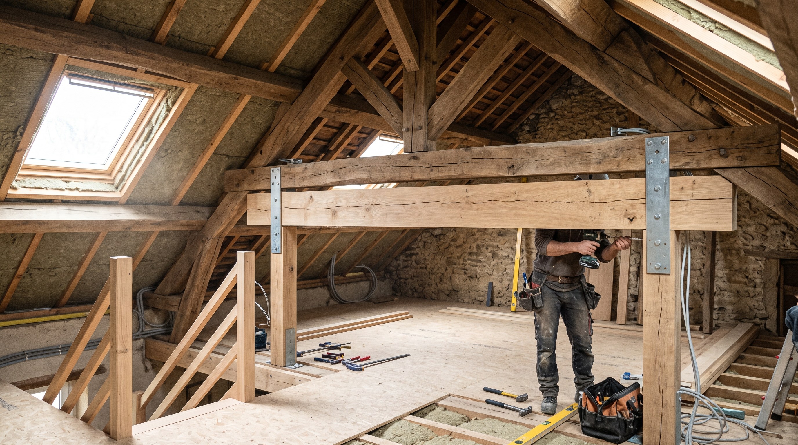 Renforcement d'une charpente en bois dans un comble en cours d'aménagement, poutre porteuse neuve installée sous une ferme existante, lumière naturelle entrant par une ouverture de toiture