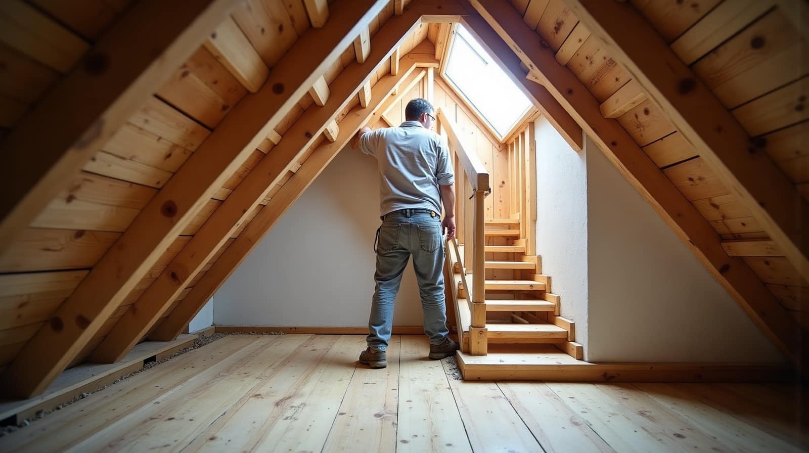 une trémie d'escalier vue de près, ouverture rectangulaire découpée dans le plancher avec un garde-corps de bois tout autour