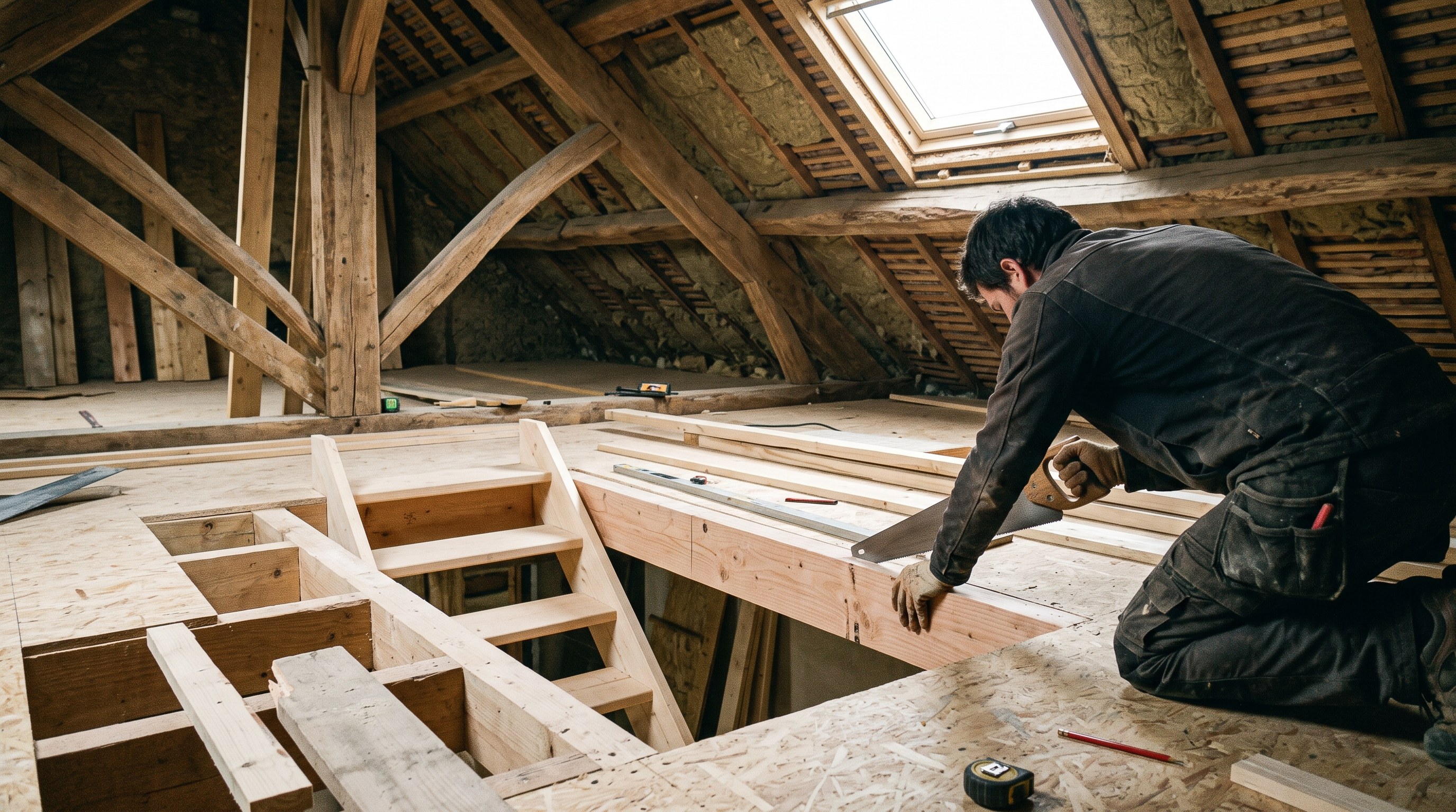Trémie d'escalier ouverte dans le plancher d'un comble en cours d'aménagement en Champagne, structure en bois visible autour de l'ouverture, un professionnel positionnant une pièce de bois, une seule main visible, aucun visage identifiable, aucun texte lisible dans le cadre