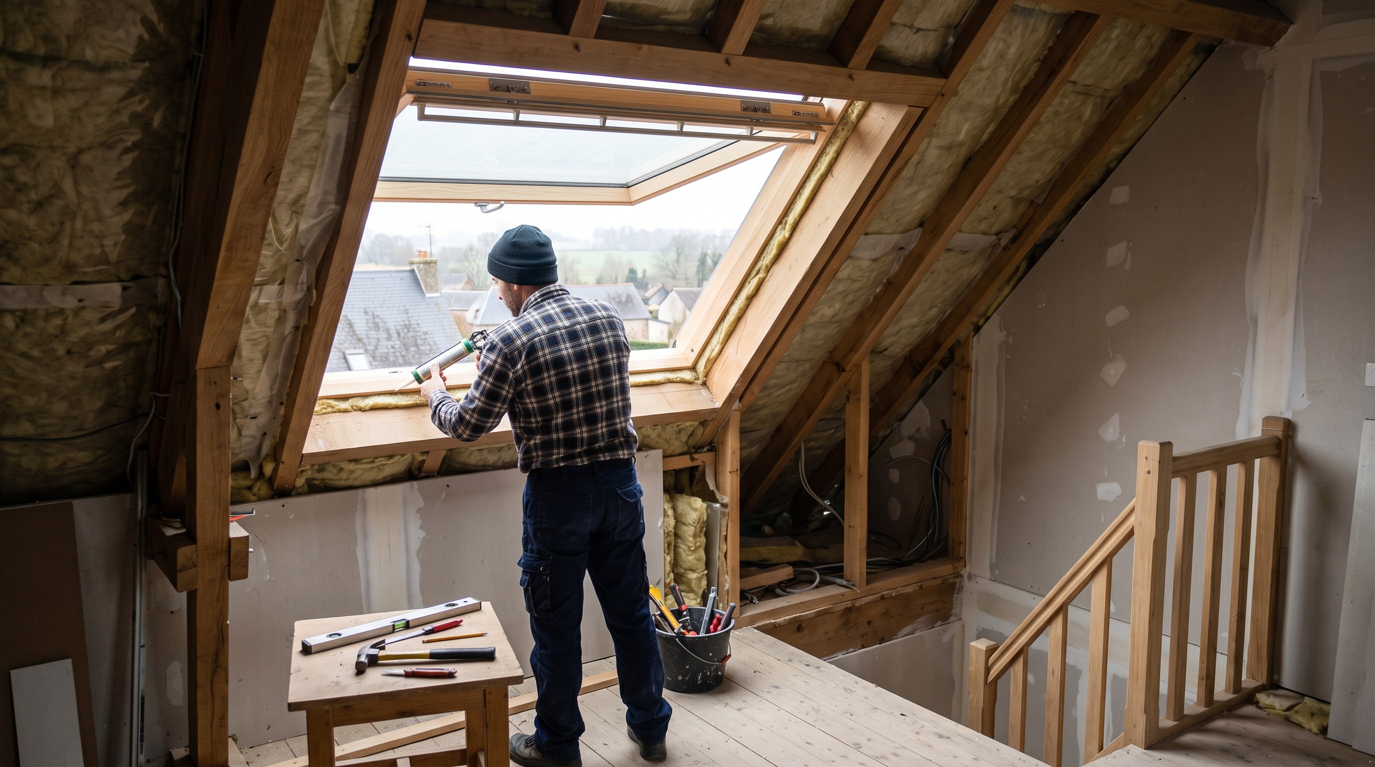 Vue strictement intérieure d'un comble en cours d'aménagement, cadre en bois d'une fenêtre de toit posée dans la pente, un seul artisan de dos au premier plan devant l'ouverture, aucune vue sur la couverture extérieure ni sur les tuiles, lumière naturelle entrant dans la pièce, aucun visage visible